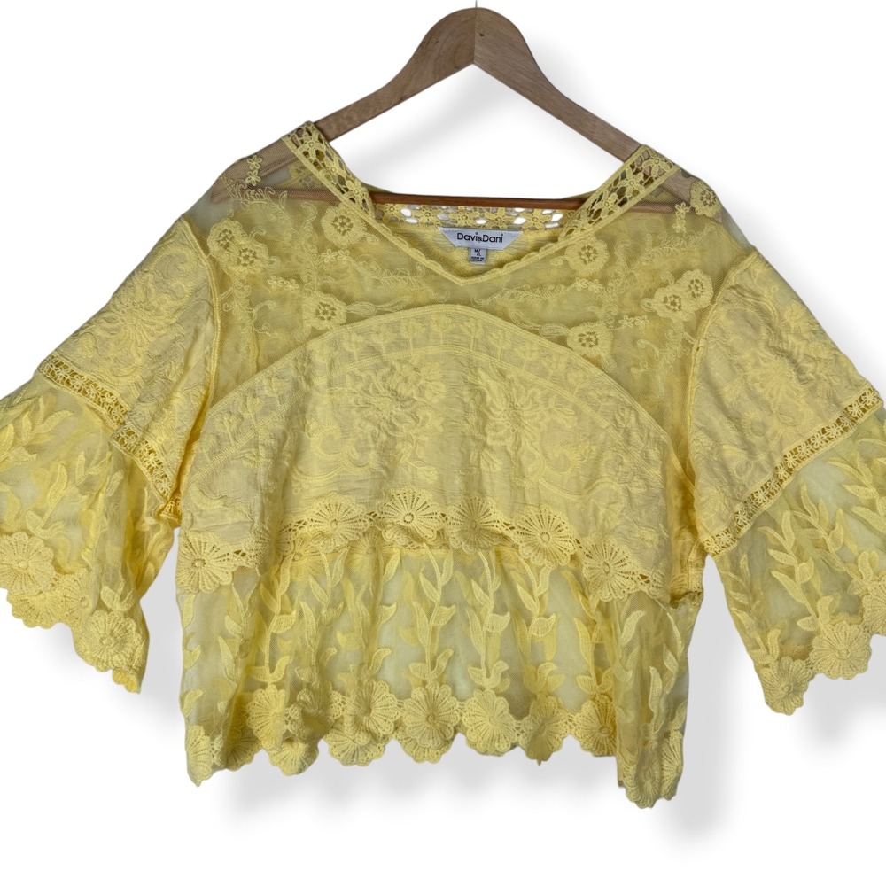 Davi & Dani Lace Fairy Top Size M L Yellow Boho Ethereal Romantic Cottagecore